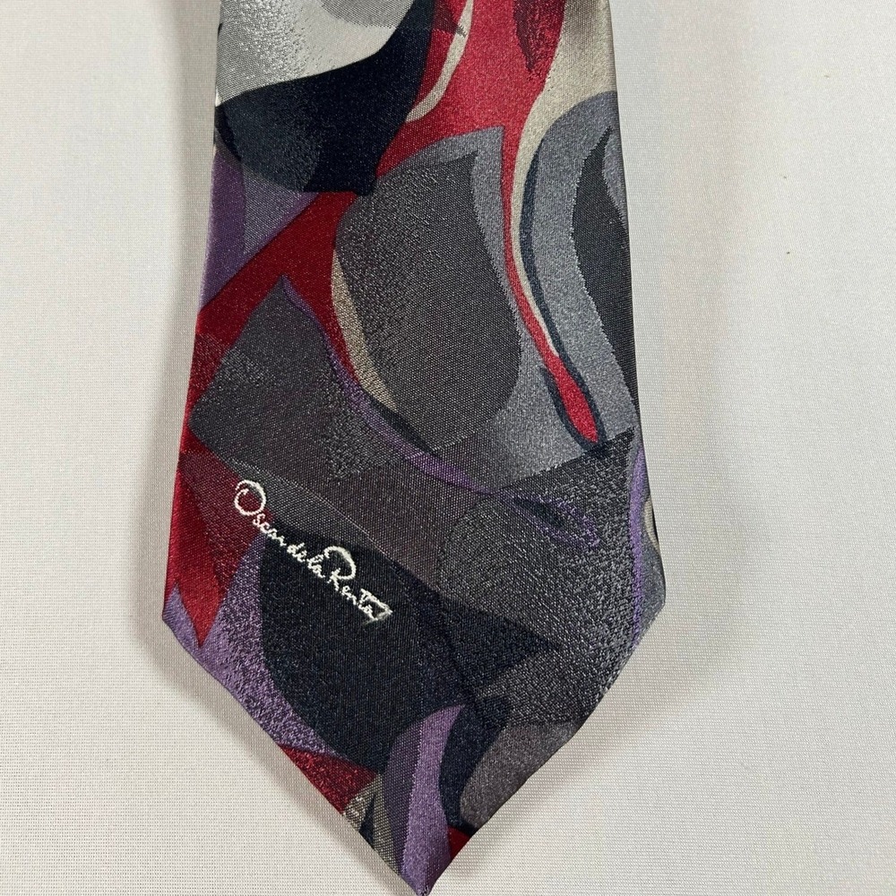 Oscar de la Renta Studio Tie Mens Gray Red Abstract Silk Blend Wide Necktie